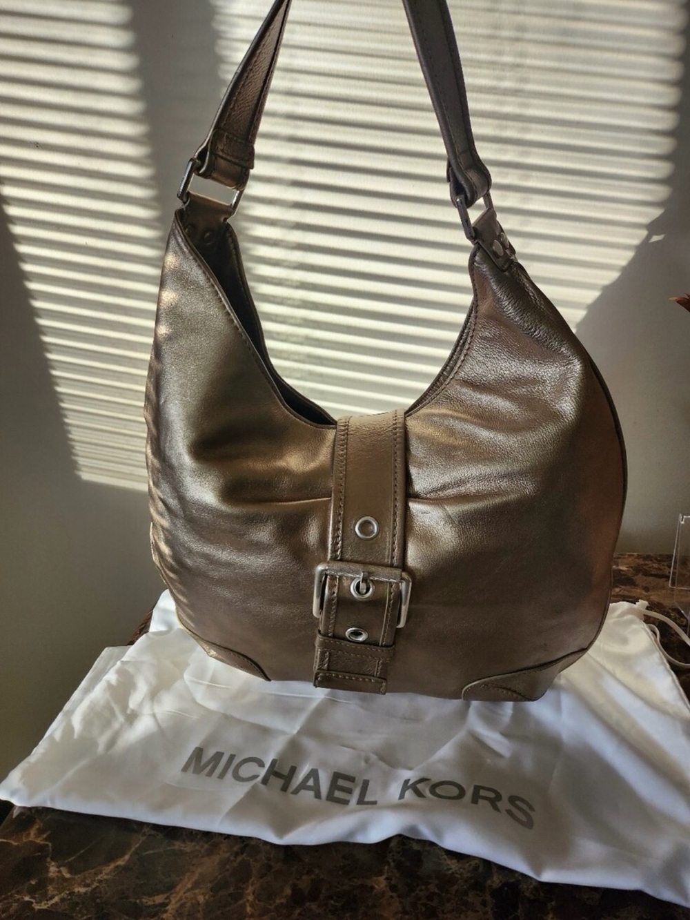 Michael Kors Metallic Brown Leather Shoulder Hobo Bag - Picture 13 of 15